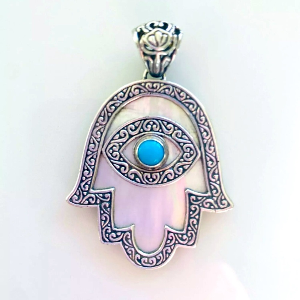 NEW Large 2”x 1.5” Sterling Silver HAMSA HAND TURQUOISE PENDANT Mother Of Pearl